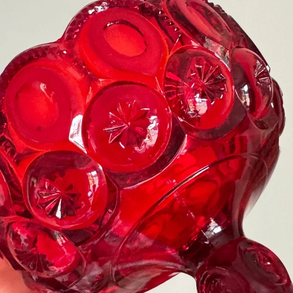 L.E. Smith Moon and Star Ruby Red Glass Candy Dish Pedestal Compote with Lid MCM